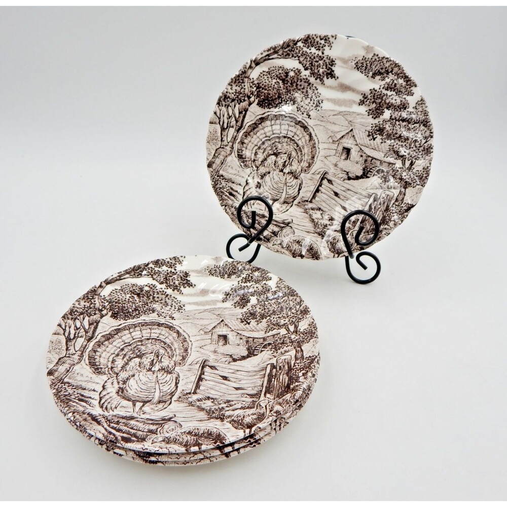 Queen's Harvest Homestead Turkey Thanksgiving Salad Side Plates 8 In Brown Set 4